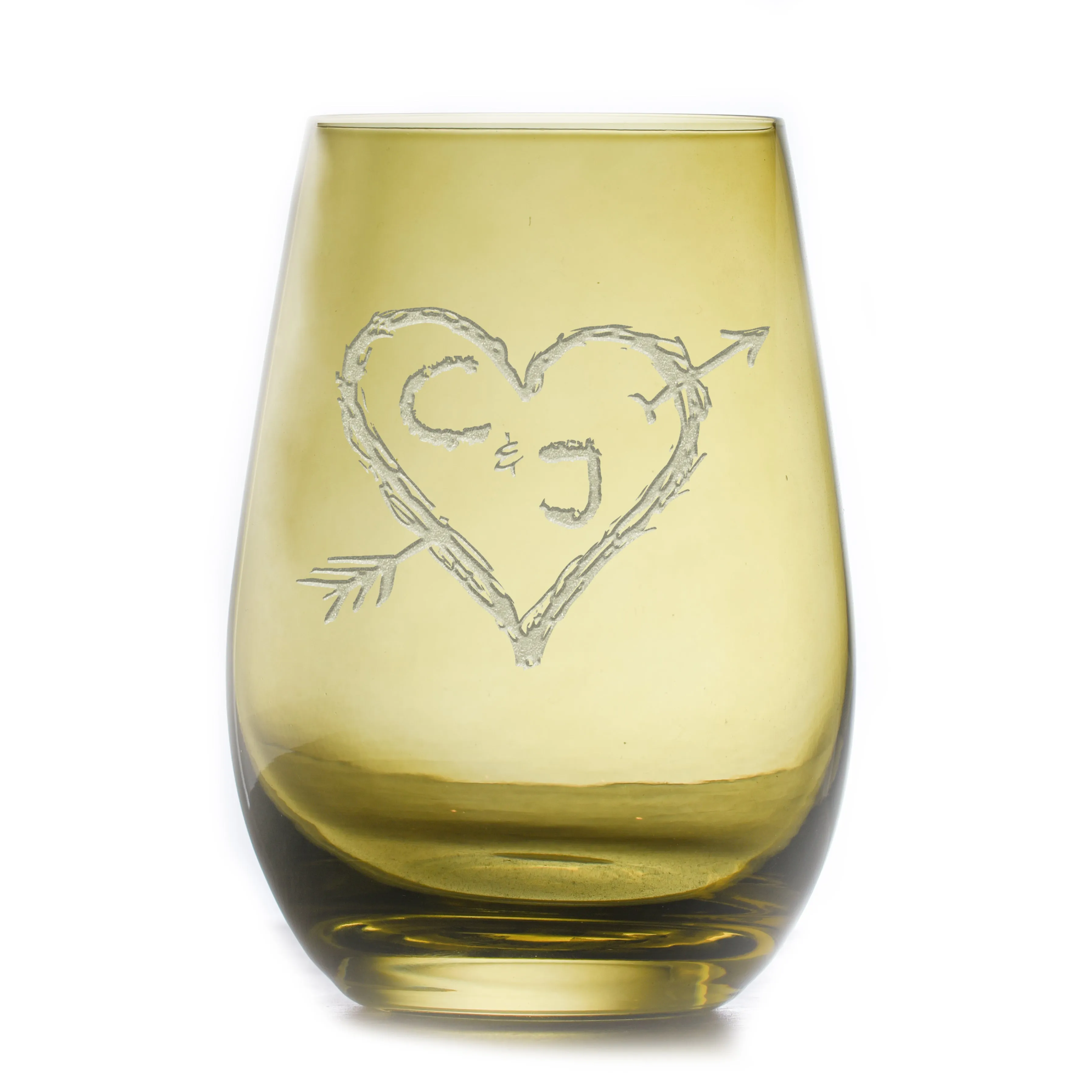 Heart, Arrow and Initials Etched Green Stemless Wine Glass | Crystal Imagery