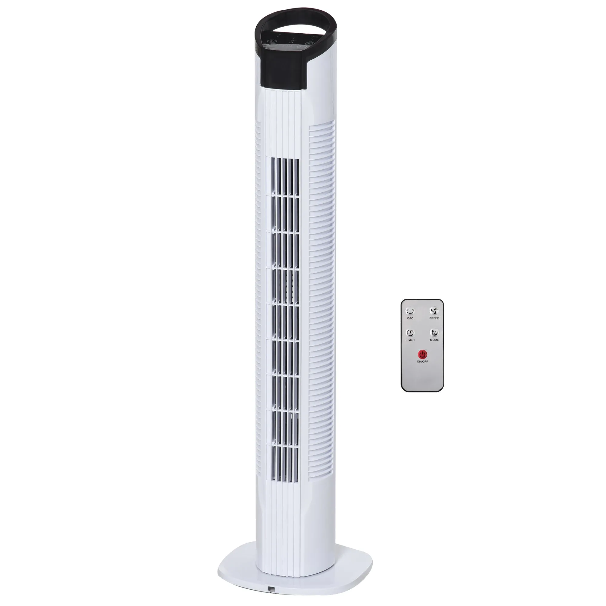 Homcom Freestanding Tower Fan 3 Speed 3 Mode 7.5h Timer 70 Degree Oscillation LED Panel 5M Remote Controller Black and White Fan Mode Timer 70° Oscillation Panel Controller