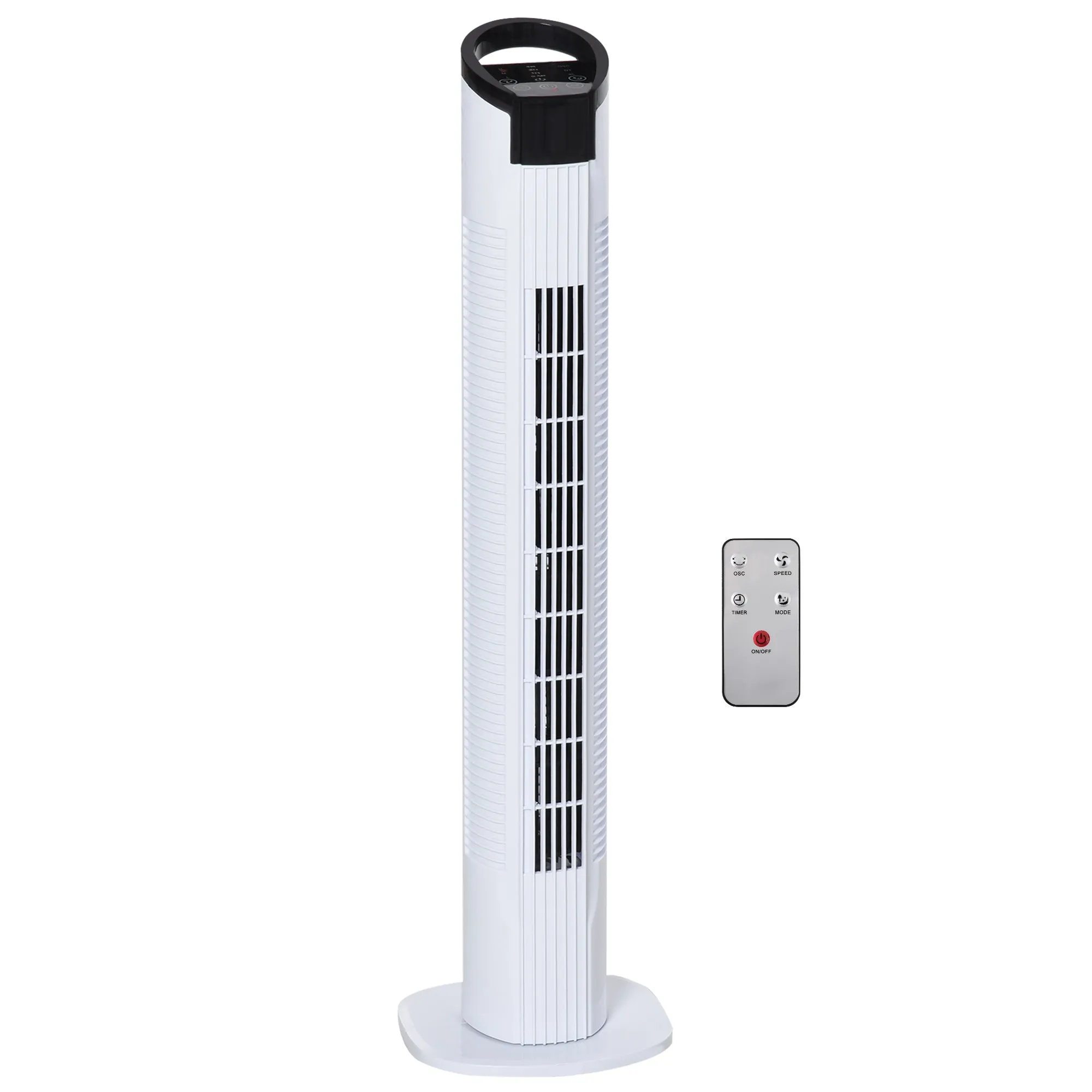 Homcom Freestanding Tower Fan 3 Speed 3 Mode 7.5h Timer 70 Degree Oscillation LED Panel 5M Remote Controller Black and White Fan Mode Timer 70° Oscillation Panel Controller