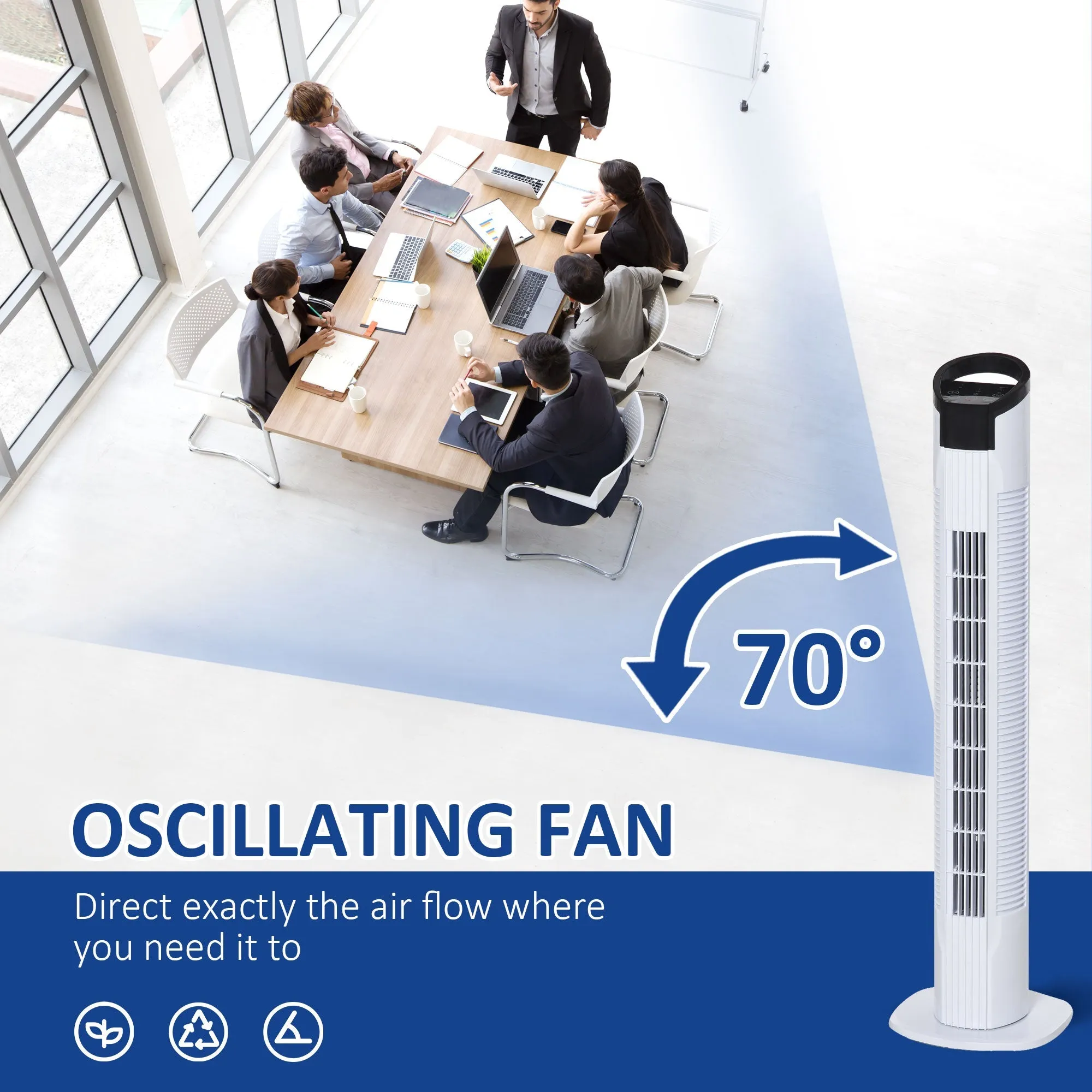 Homcom Freestanding Tower Fan 3 Speed 3 Mode 7.5h Timer 70 Degree Oscillation LED Panel 5M Remote Controller Black and White Fan Mode Timer 70° Oscillation Panel Controller