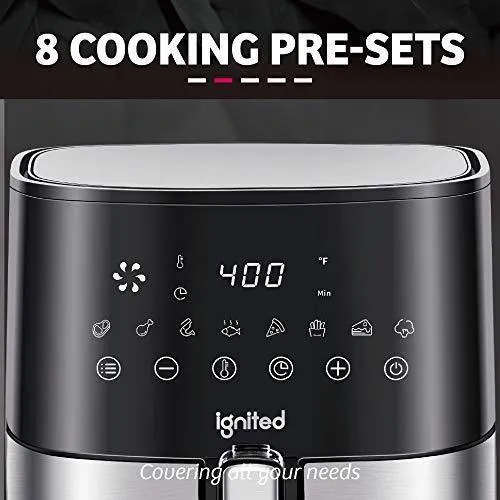 ignited Air Fryer, 5.5/7.5 Quart Large, 1700-Watt Oilless Cooker, LED Digital Touchscreen with Preset Buttons, Nonstick Frying Basket, Healthy Cookbook Included (Black)