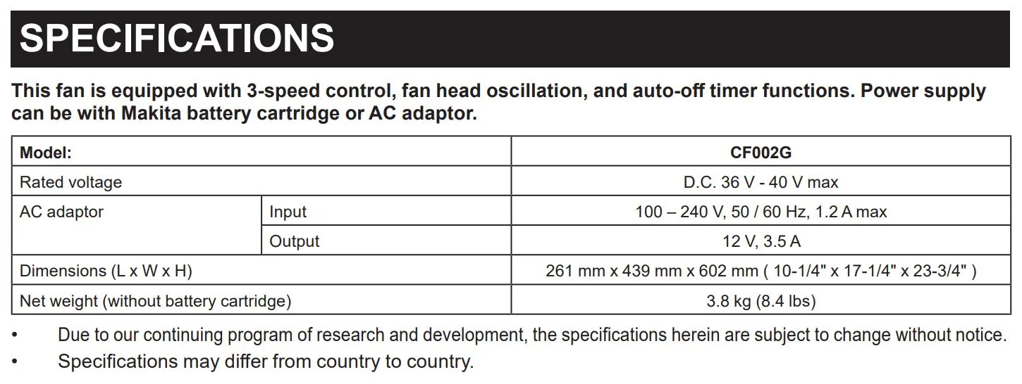 MAKITA CF002G 40Vmax 240V Cordless Fan (Bare Tool) | Model: M-CF002GZ