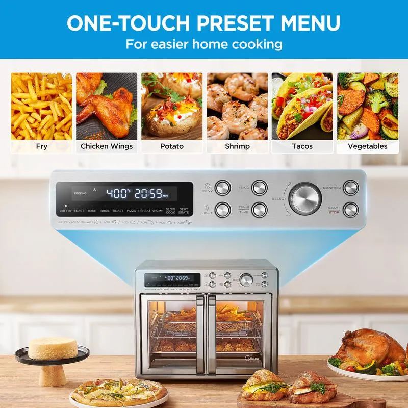 Midea Flexify French Door Air Fryer Toaster Oven Combo, 26.4 QT, Extra Large Countertop Air Fryer Oven 10-In-1 Combo, 25% Faster Cooking and 90% Less Oil, Stainless Steel