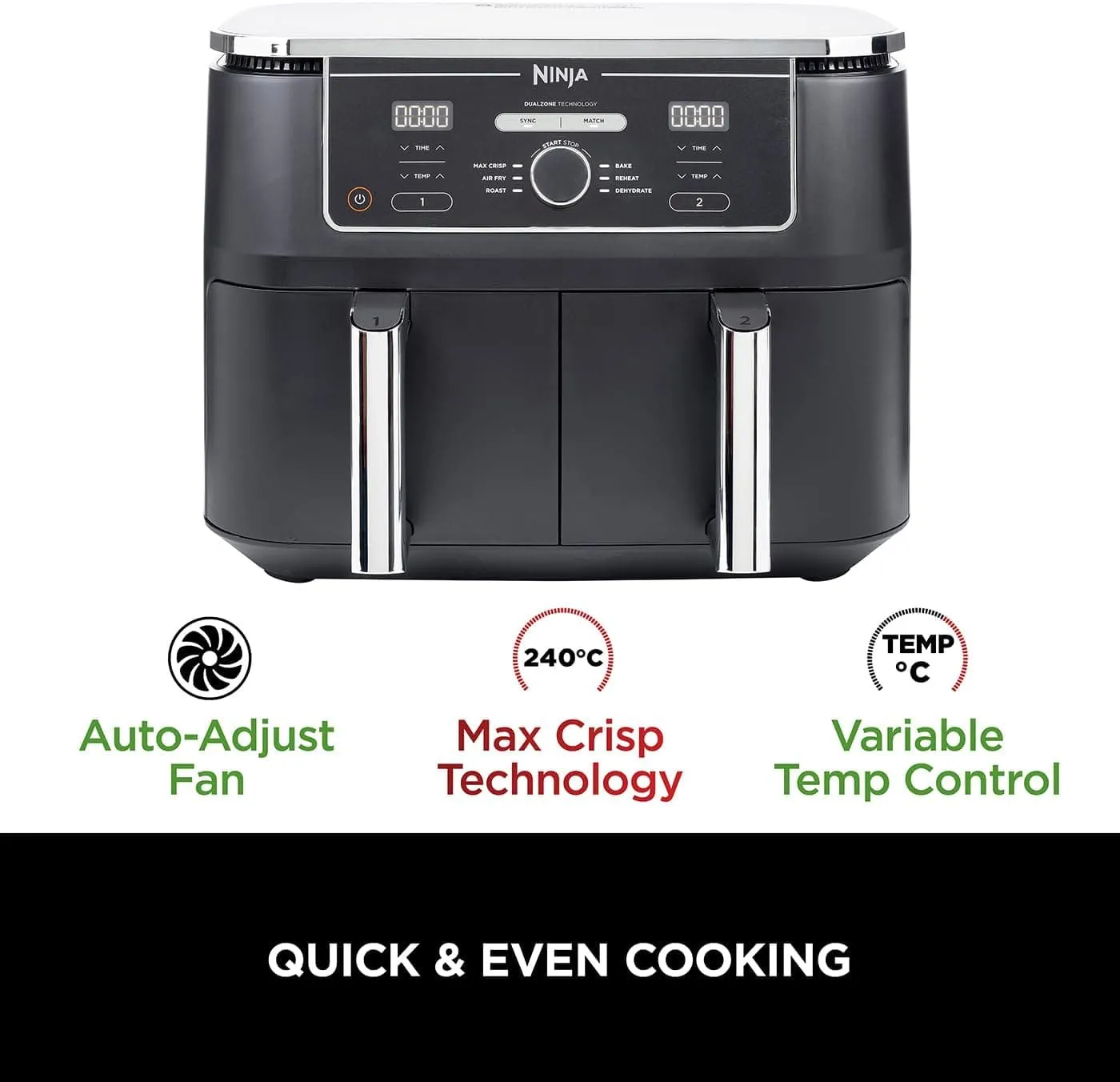 Ninja Foodi MAX Dual Zone Digital Air Fryer, 2 Drawers, 9.5L, 6-in-1, Uses No Oil, Max Crisp, Roast, Bake, Reheat, Dehydrate, Cook 8 Portions, Non-Stick Dishwasher Safe Baskets, Black AF400UK