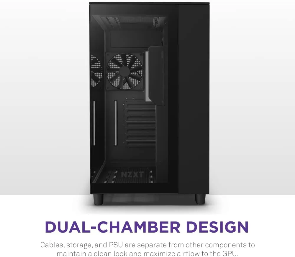 NZXT H9 Flow Black Dual Chamber ATX Gaming PC Case Mid Tower, Tempered Glass, High Airflow