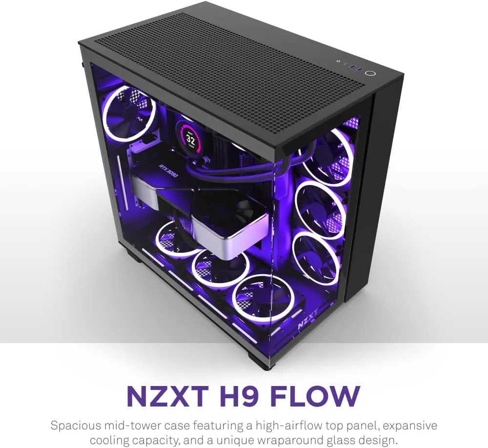 NZXT H9 Flow Black Dual Chamber ATX Gaming PC Case Mid Tower, Tempered Glass, High Airflow