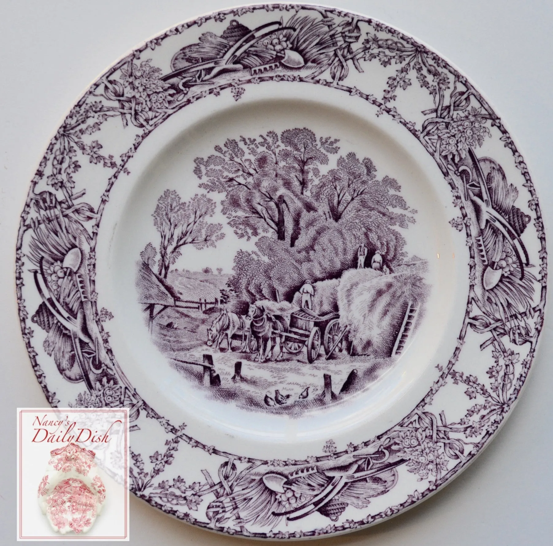 Purple Transferware Pastoral Davenport Candy Dish Bowl Harvest Loading Hay Farm & Horse Scene