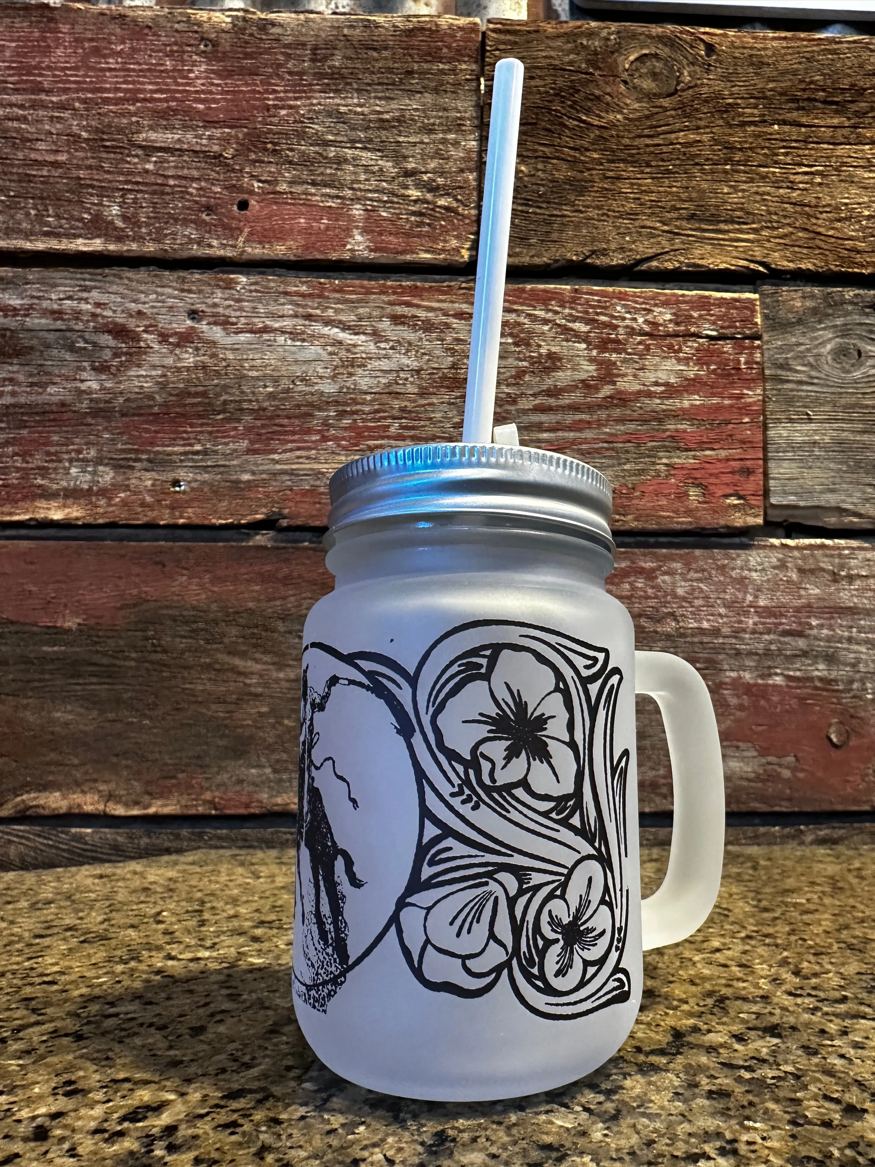 Ranch bronc mason jar cup with lid and straw