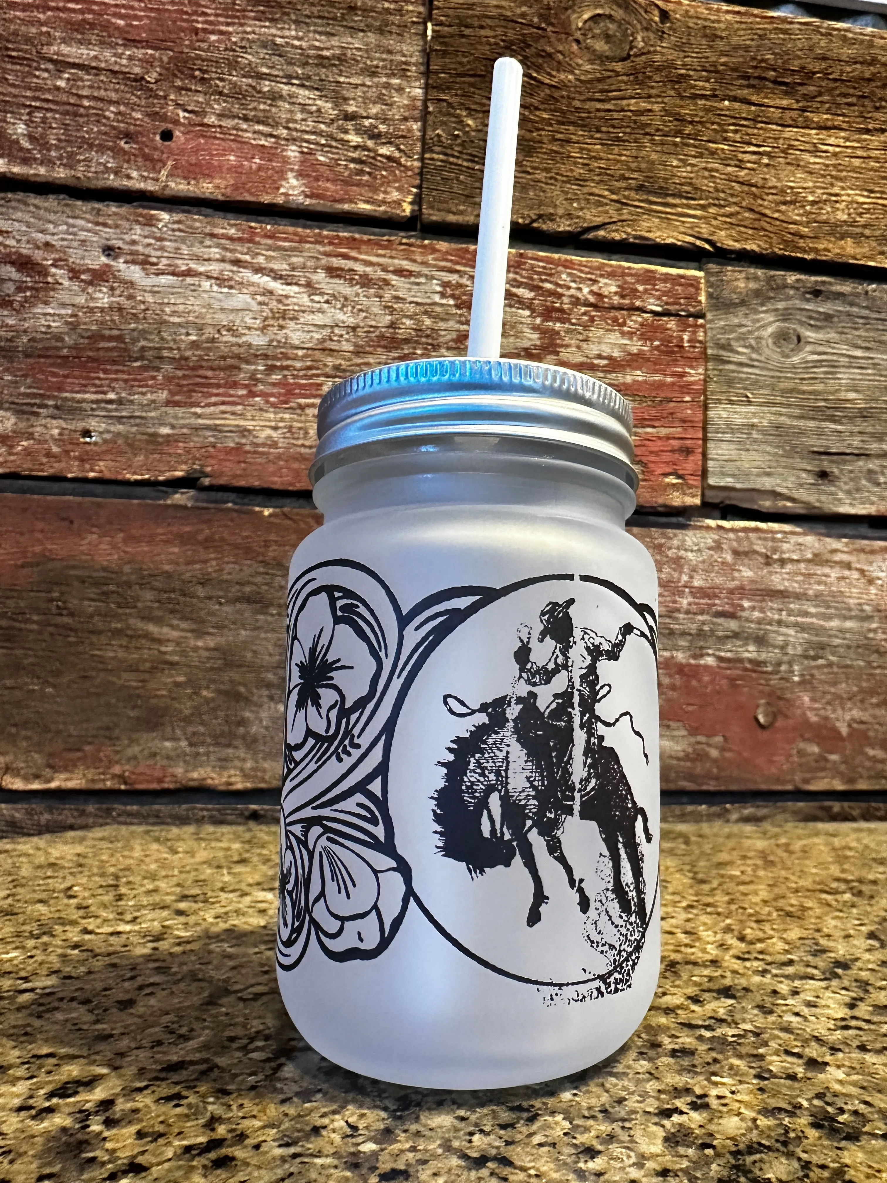 Ranch bronc mason jar cup with lid and straw