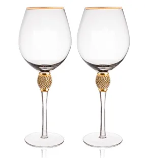 Set of 2 Wine Glasses - Rhinestone"DIAMOND" Studded With Gold Rim - Long Stem