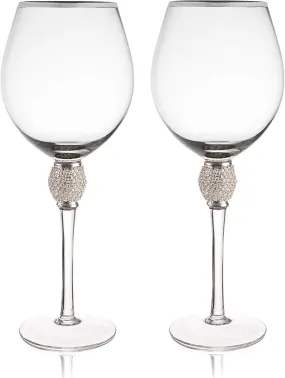 Set of 2 Wine Glasses - Rhinestone"DIAMOND" Studded With Silver Rim