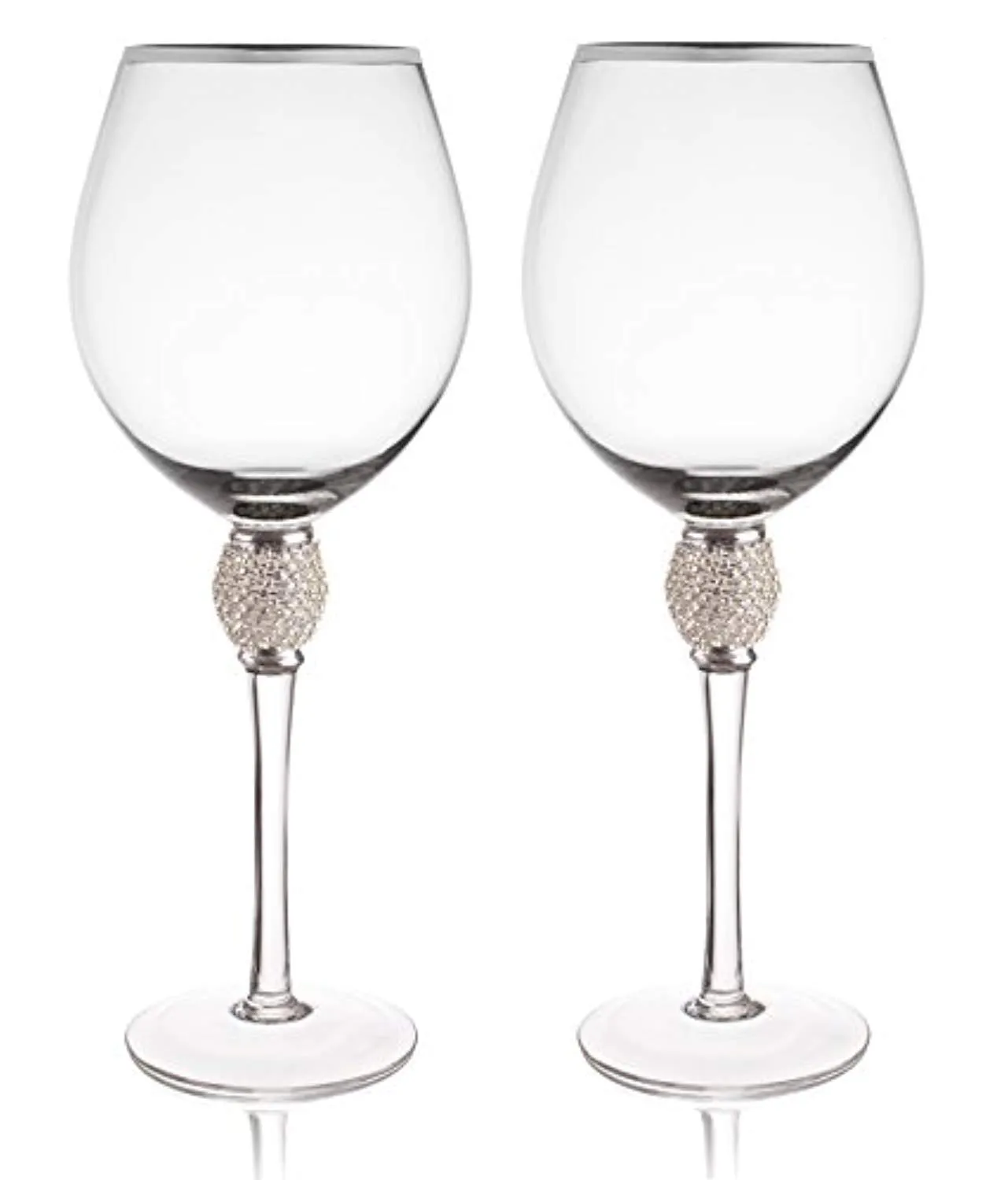 Set of 2 Wine Glasses - Rhinestone"DIAMOND" Studded With Silver Rim