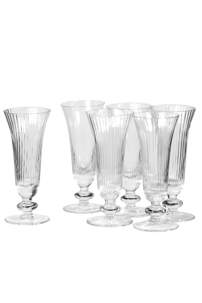 Set Of 6 Ribbed Glass Champagne Flutes