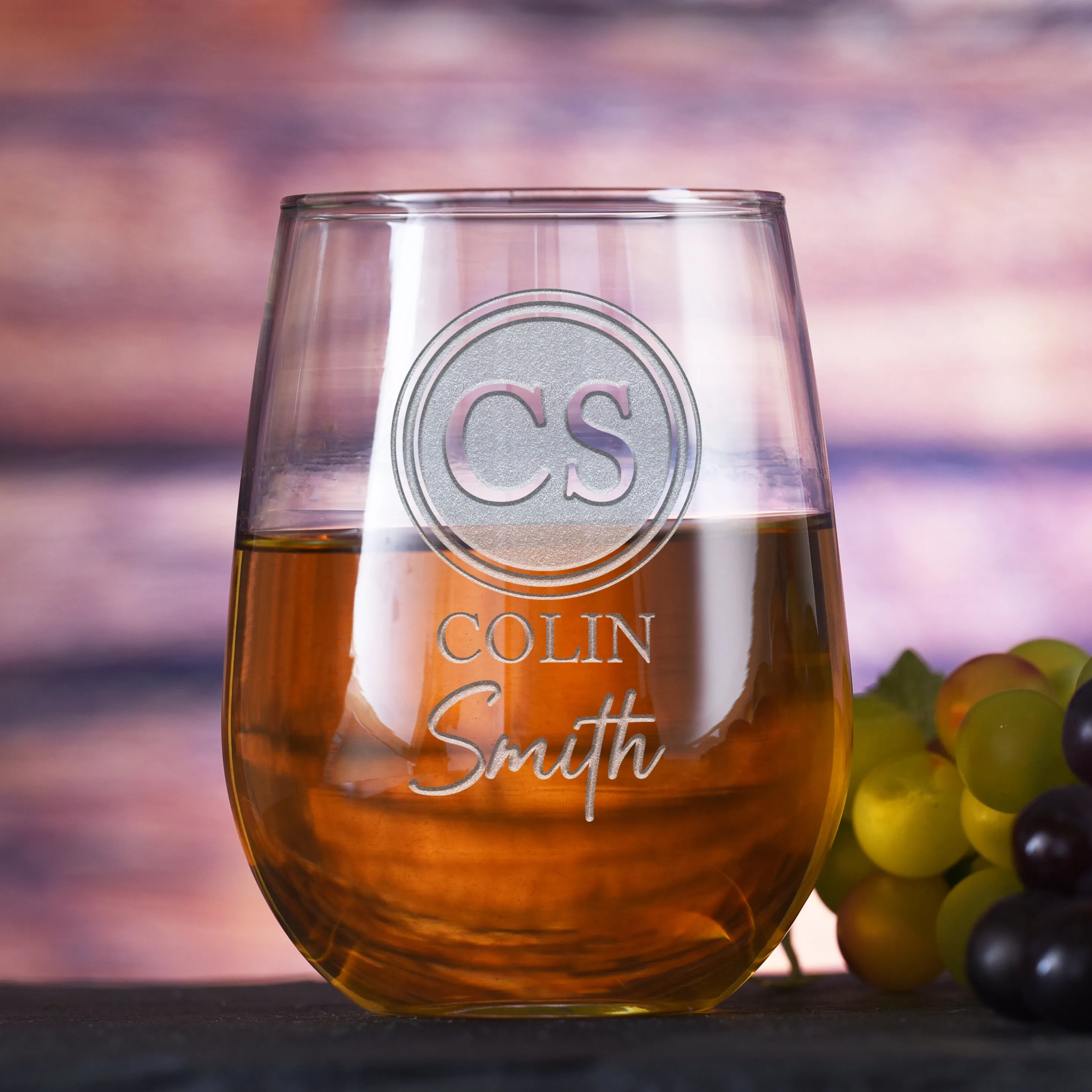 Two Name Monogram Stemless Wine Glass