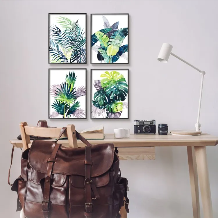 Various Tropical Palm Fans Green Blue Plants 14" x 11" Black Framed Wall Art Four-Piece Set