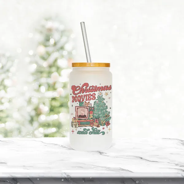 Vintage Christmas Movies And Chill Frosted Iced Coffee Cup for the Holidays - Tumbler with Lid and Straw