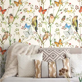 Vintage Wallpaper Birds Butterflies Floral 17.7in x 118in