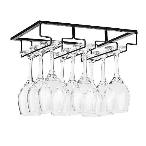 Wine Glass Rack - Under Cabinet Stemware Wine Glass Holder Glasses Storage Hanger Metal Organizer for Bar Kitchen Black