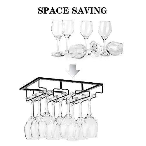 Wine Glass Rack - Under Cabinet Stemware Wine Glass Holder Glasses Storage Hanger Metal Organizer for Bar Kitchen Black