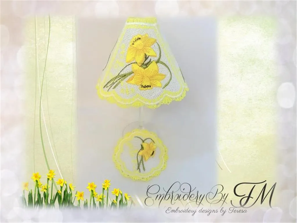 Wine glass shades with Daffodil  coaster/ 5x7 hoop